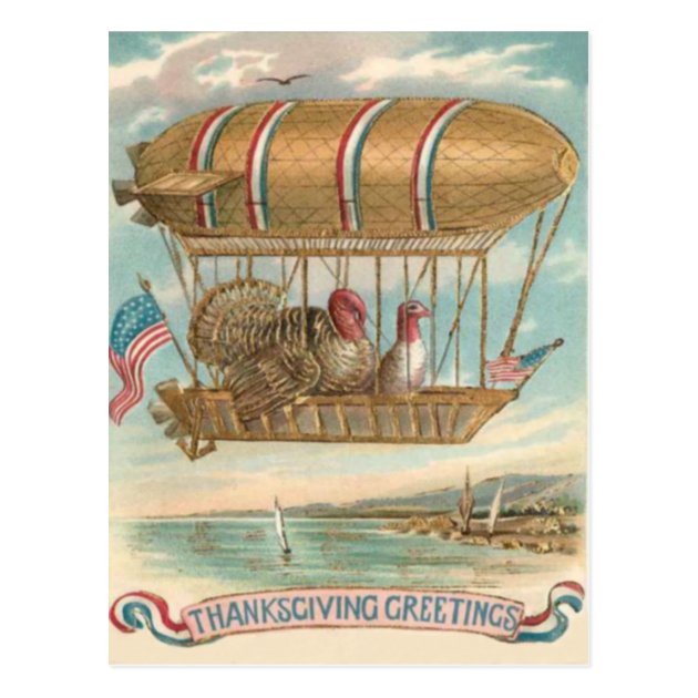 Thanksgiving Turkey Hot Air Balloon US Flag Postcard