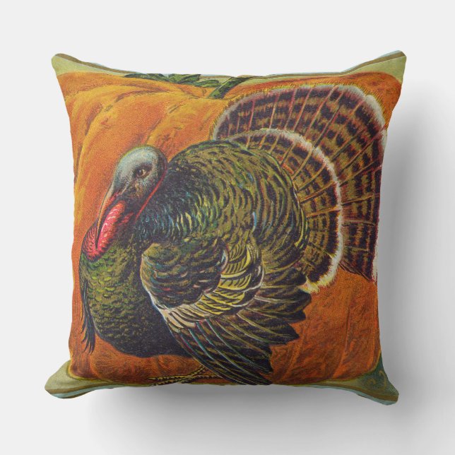 Thanksgiving Turkey in front of a Orange Pumpkin Throw Pillow (Front)