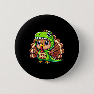 Thanksgiving Turkey In T-rex Costume Funny Dinosau Button