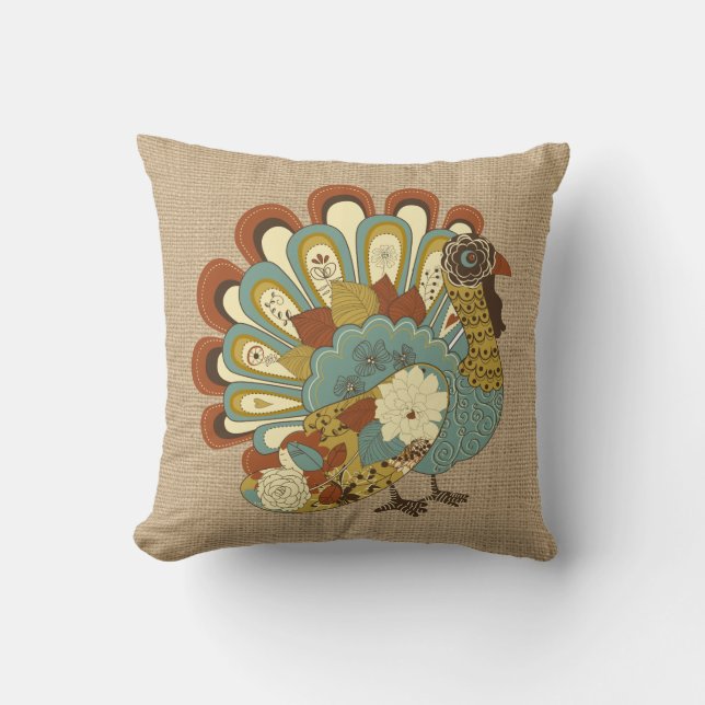 Thanksgiving Turkey on faux Burlap Pillow (Front)