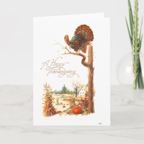 Thanksgiving Turkey on Tree Branch Vintage Holiday Card