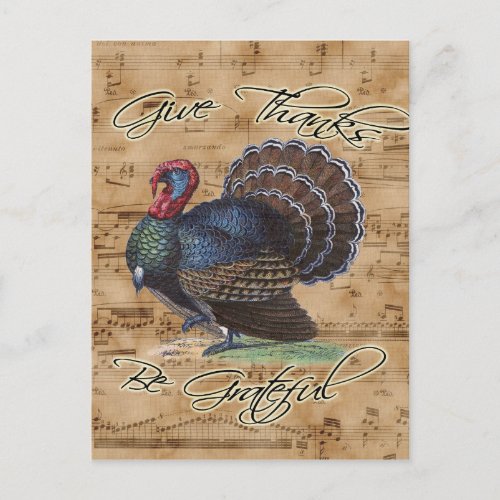 Thanksgiving Turkey on Vintage Music Sheet Holiday Postcard