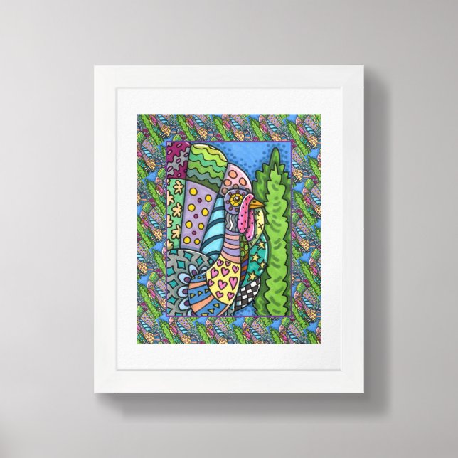 THANKSGIVING TURKEY, PATCHWORK FEATHERS, FOLK ART FRAMED ART (Framed Front)