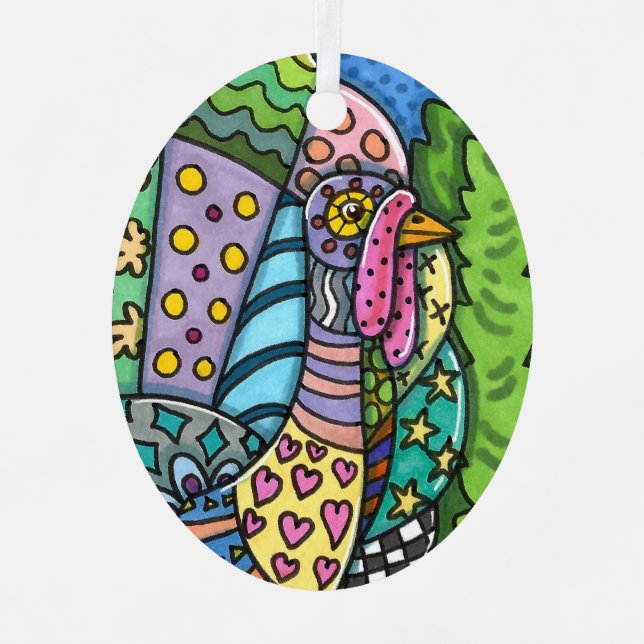 THANKSGIVING TURKEY, PATCHWORK FEATHERS, FOLK ART METAL ORNAMENT (Front)