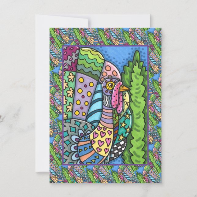 THANKSGIVING TURKEY, PATCHWORK FEATHERS, FOLK ART NOTE CARD (Front)