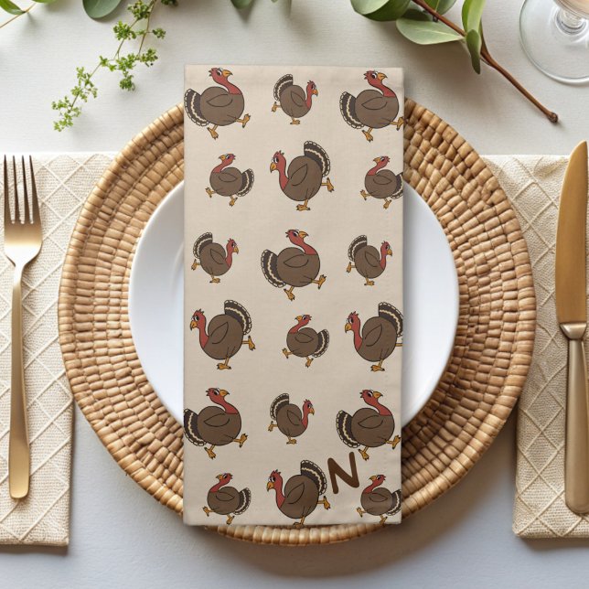 Thanksgiving Turkey Pattern Monogram Cloth Napkin (Fun turkey pattern cloth napkin for your Thanksgiving celebration. Add your initial!)