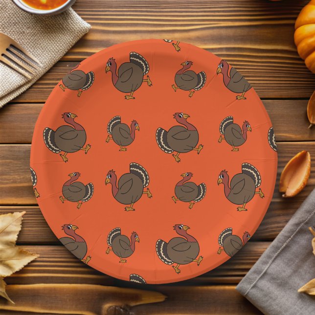 Thanksgiving Turkey Pattern Orange Paper Plate (Cute turkey pattern paper plate for your Thanksgiving celebration)
