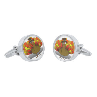 Thanksgiving Turkey Pilgrim Silver Cufflinks