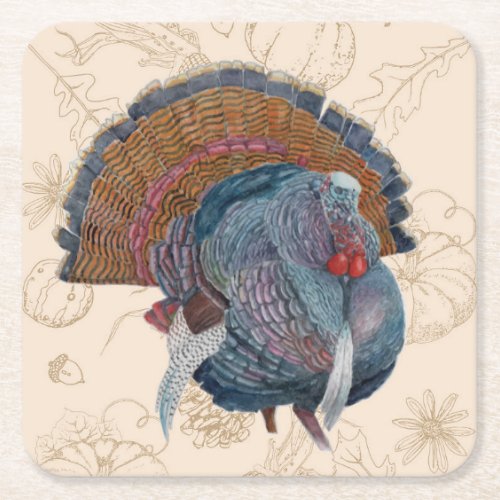 Thanksgiving Turkey Plates Square Paper Coaster