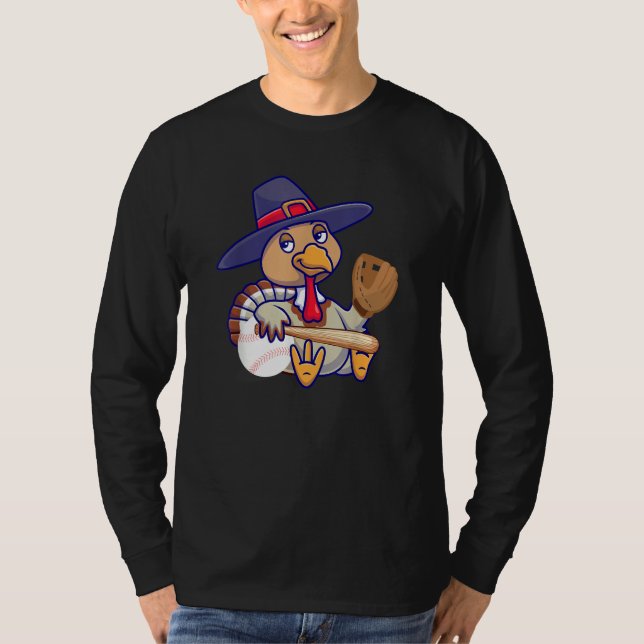 Thanksgiving Turkey Play Baseball Men Kids Boys Ba T-Shirt (Front)