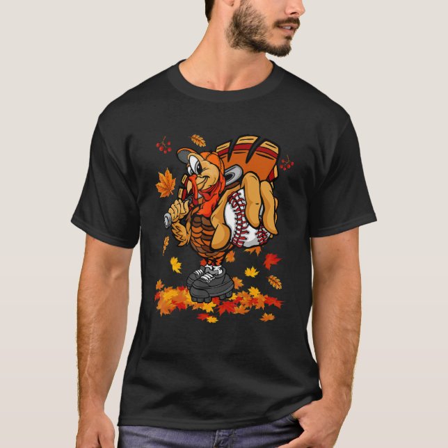 Thanksgiving Turkey Playing Baseball Player Fall L T-Shirt (Front)
