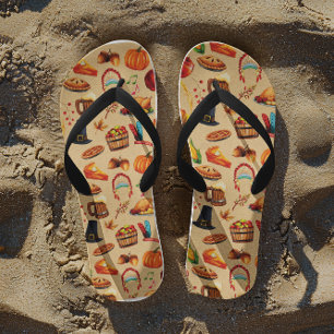 Thanksgiving Turkey Pumpkin Apple Pie Pattern Flip Flops