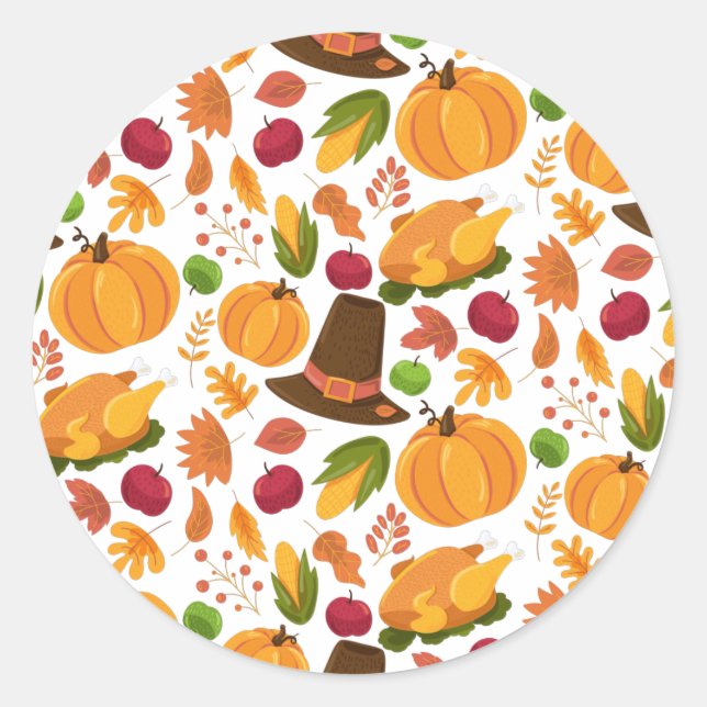 Thanksgiving Turkey Pumpkin Fall Pattern Classic Round Sticker (Front)