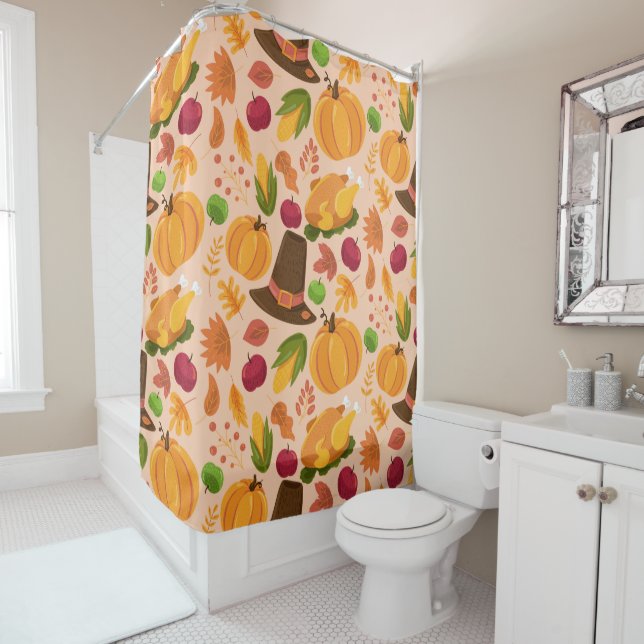 Thanksgiving Turkey Pumpkin Fall Pattern Shower Curtain (In Situ)