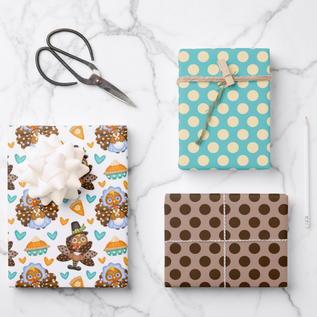 Thanksgiving Turkey Pumpkin Pie Wrapping Paper Set (Front)