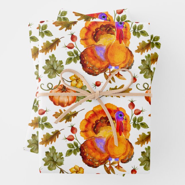Thanksgiving Turkey, Pumpkins and Autumn Leaves Wrapping Paper Sheets (In situ)