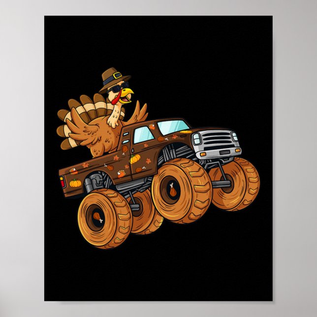 Thanksgiving Turkey Riding Monster Truck Boys Kids Poster (Front)
