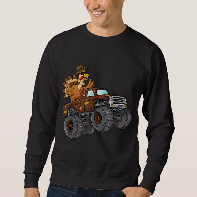Thanksgiving Turkey Riding Monster Truck Boys Kids Sweatshirt (Front)