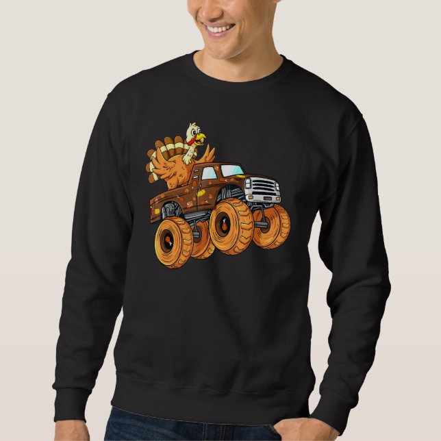 Thanksgiving Turkey Riding Monster Truck Boys Kids Sweatshirt (Front)