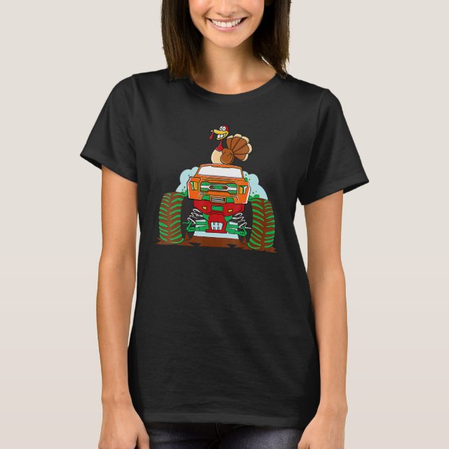 Thanksgiving Turkey Riding Monster Truck Boys Kids T-Shirt (Front)
