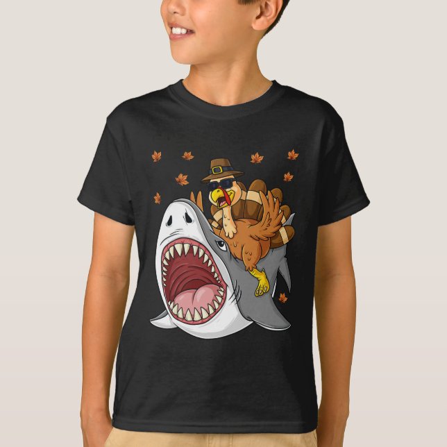 Thanksgiving Turkey Riding Shark Fun Toddler Boys  T-Shirt (Front)