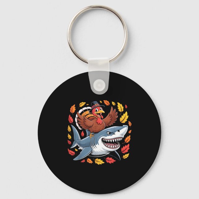 Thanksgiving Turkey Riding Shark Funny Autumn Boys Keychain (Front)