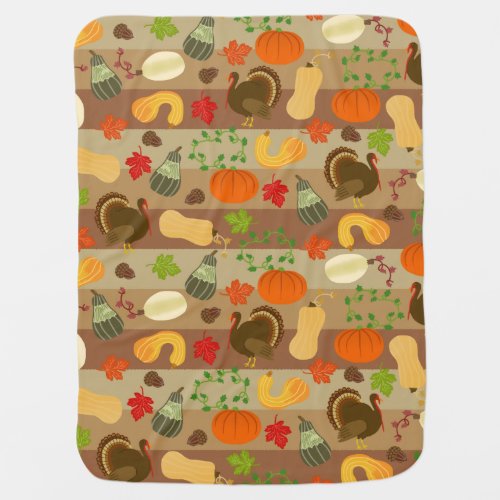 Thanksgiving Turkey Squash Autumn Harvest Pattern Baby Blanket