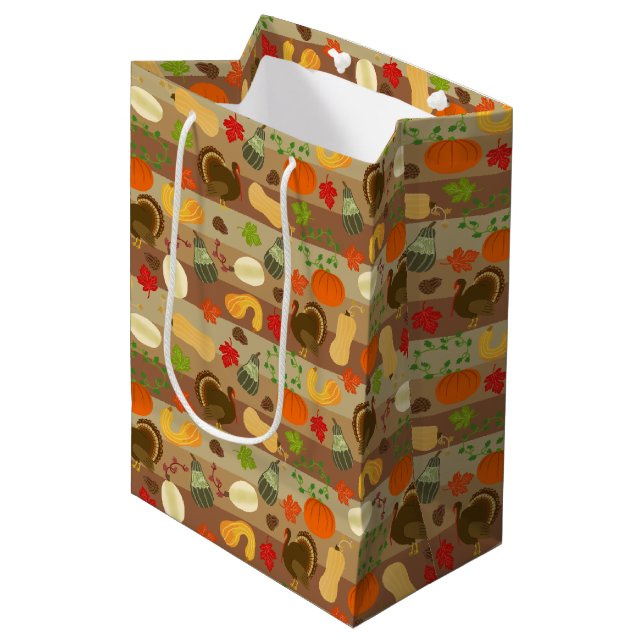 Thanksgiving Turkey Squash Autumn Harvest Pattern Medium Gift Bag (Front Angled)