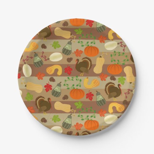 Thanksgiving Turkey Squash Autumn Harvest Pattern Paper Plates