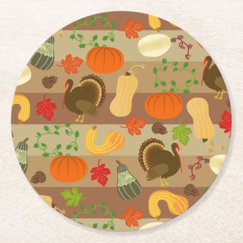 Thanksgiving Turkey Squash Autumn Harvest Pattern Round Paper Coaster