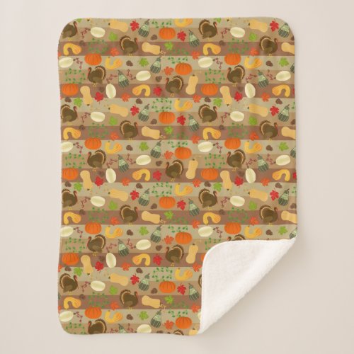 Thanksgiving Turkey Squash Autumn Harvest Pattern Sherpa Blanket