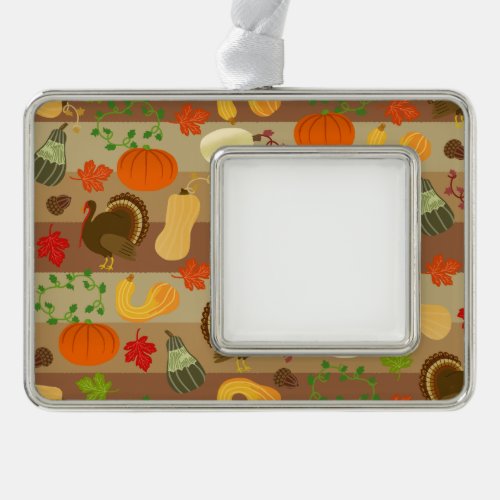 Thanksgiving Turkey Squash Autumn Harvest Pattern Silver Plated Framed Ornament