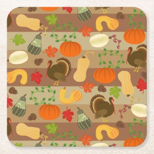 Thanksgiving Turkey Squash Autumn Harvest Pattern Square Paper Coaster