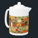 Thanksgiving Turkey Squash Autumn Harvest Pattern Teapot<br><div class="desc">This pretty Thanksgiving - themed pattern is made to look like garden rows in varying shades of brown, with turkeys, squash vegetables (including pumpkins), fallen leaves and acorns. The squashes and leaves are made in a variety of types and colors. This cute pattern is perfect for Thanksgiving decorations and autumn...</div>