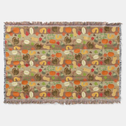 Thanksgiving Turkey Squash Autumn Harvest Pattern Throw Blanket