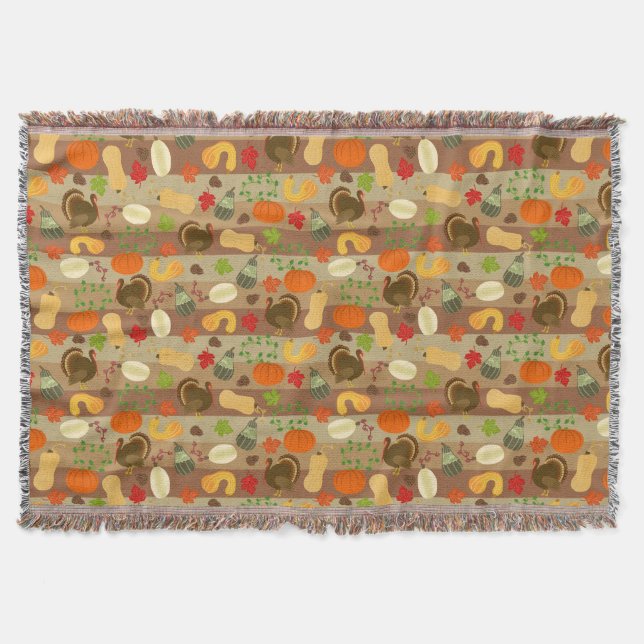 Thanksgiving Turkey Squash Autumn Harvest Pattern Throw Blanket (Front)