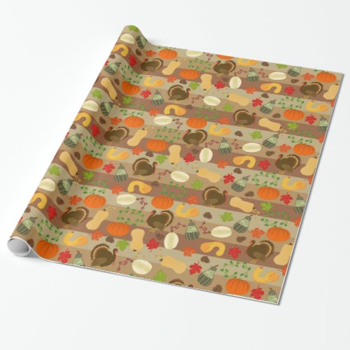 Thanksgiving Turkey Squash Autumn Harvest Pattern Wrapping Paper