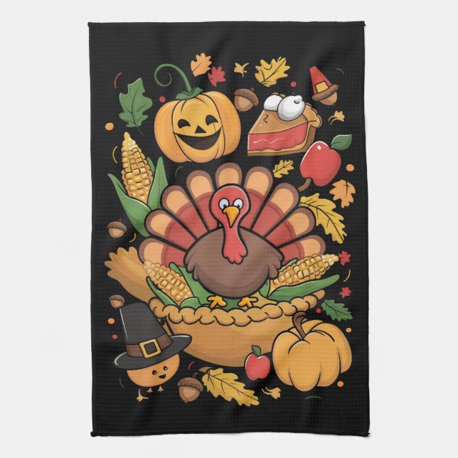 Thanksgiving Turkey Thankful Pie Fall Family Kitchen Towel (Vertical)