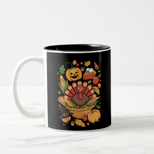 Thanksgiving Turkey Thankful Pie Fall Family Two-Tone Coffee Mug (Left)