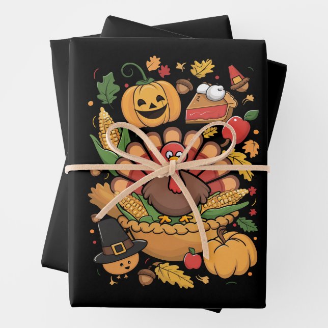 Thanksgiving Turkey Thankful Pie Fall Family Wrapping Paper Sheets (In situ)