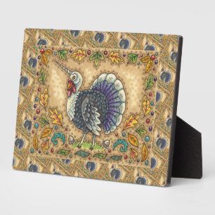 THANKSGIVING TURKEY UNICORN, FOLK ART FANTASY BIRD PLAQUE