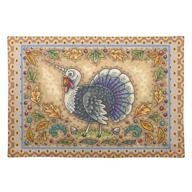 THANKSGIVING TURKEY UNICORN, WHIMSICAL FANTASY CLOTH PLACEMAT (Front)