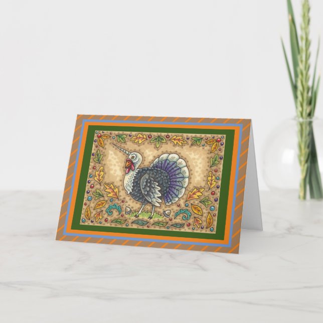 THANKSGIVING TURKEY UNICORN, WHIMSICAL FANTASY HOLIDAY CARD (Front)