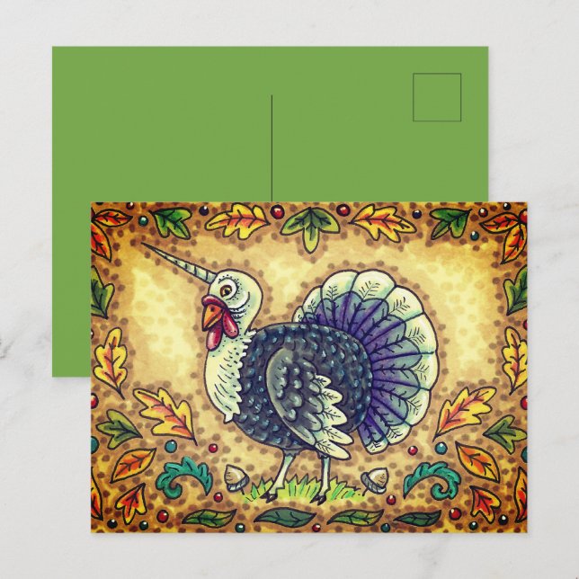 THANKSGIVING TURKEY UNICORN, WHIMSICAL FANTASY,    HOLIDAY POSTCARD (Front/Back)