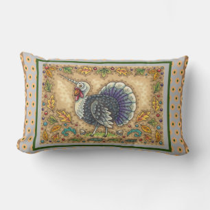 THANKSGIVING TURKEY UNICORN, WHIMSICAL FANTASY LUMBAR PILLOW