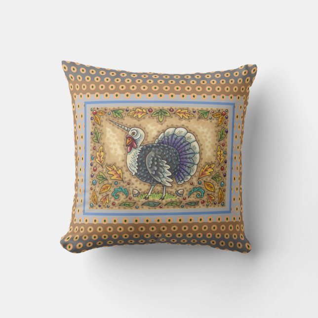 THANKSGIVING TURKEY UNICORN, WHIMSICAL FANTASY THROW PILLOW (Front)