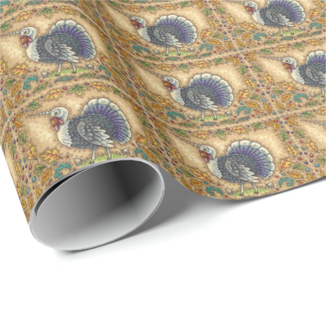 THANKSGIVING TURKEY UNICORN, WHIMSICAL FANTASY WRAPPING PAPER (Roll Corner)