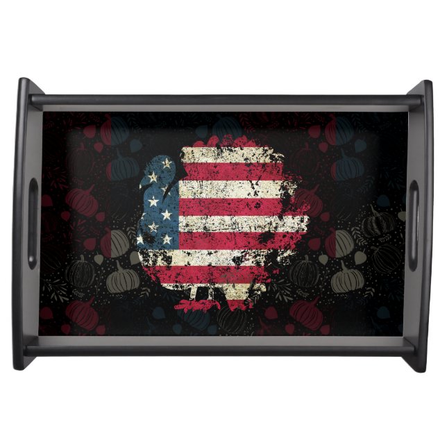 Thanksgiving Turkey With American Flag Serving Tray (Front)