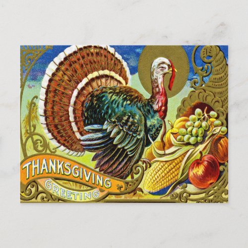 Thanksgiving turkey with Autumn fruits vintage Postcard