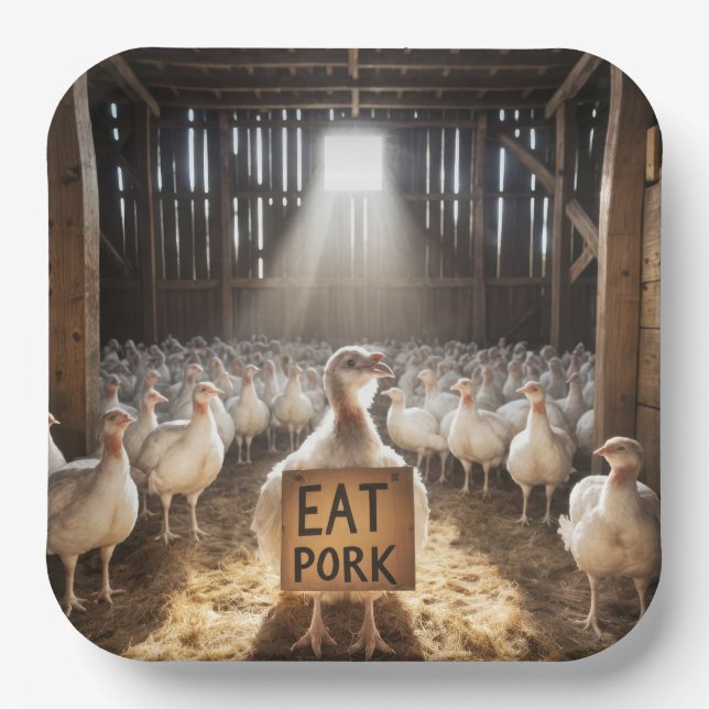 Thanksgiving Turkey With "Eat Pork" Sign Paper Plates (Front)